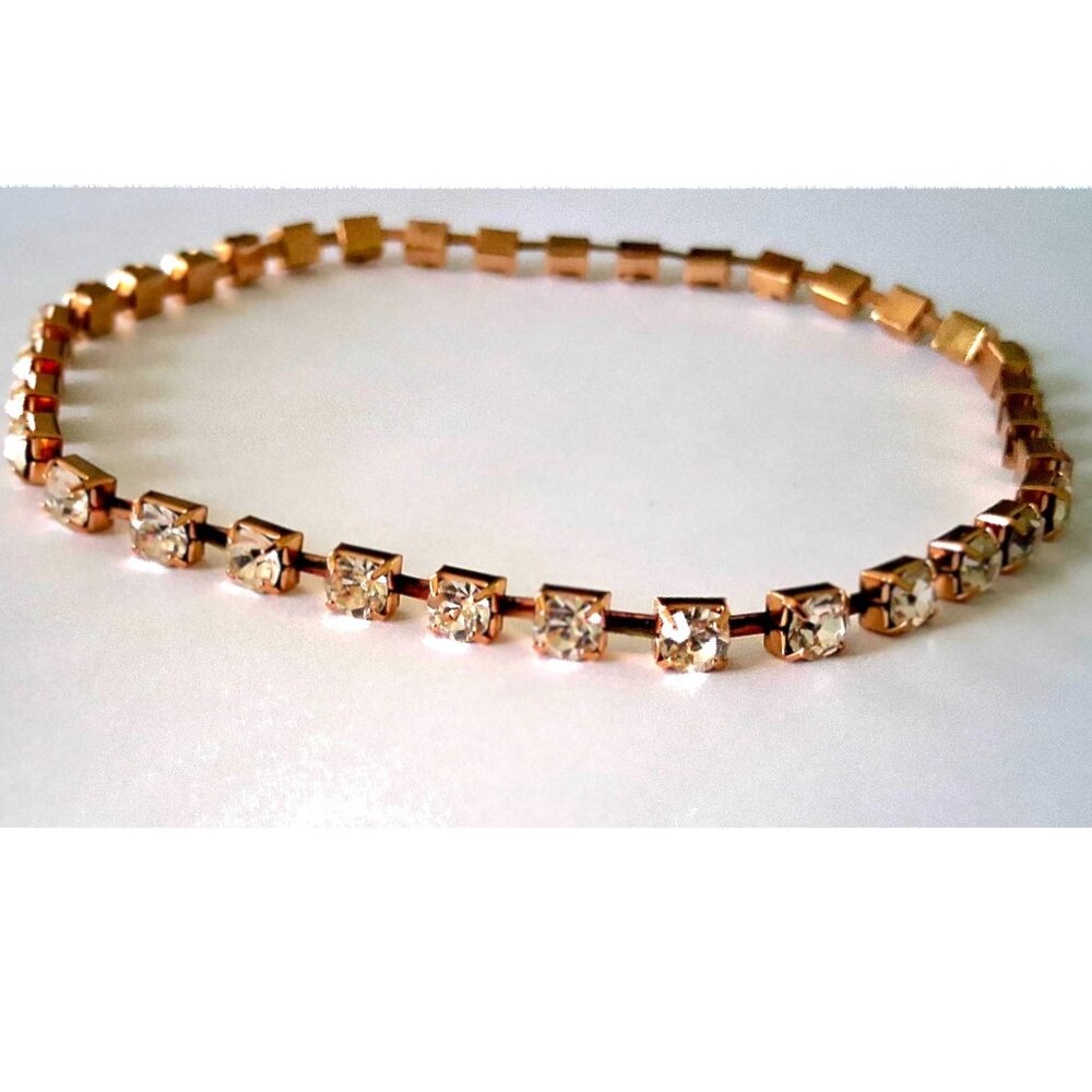 Gold Tone Metal Bracelet, Clear Square Rhinestones, bangle/no opening/lock
